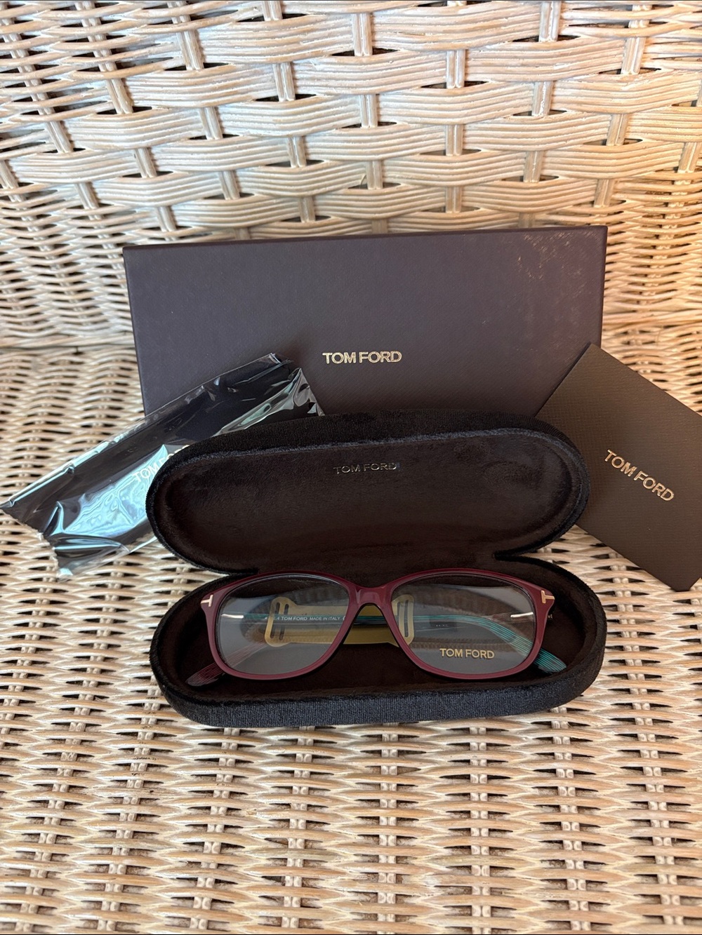 Tom Ford Women's Maroon Frame Optical Glasses with Gold Accents